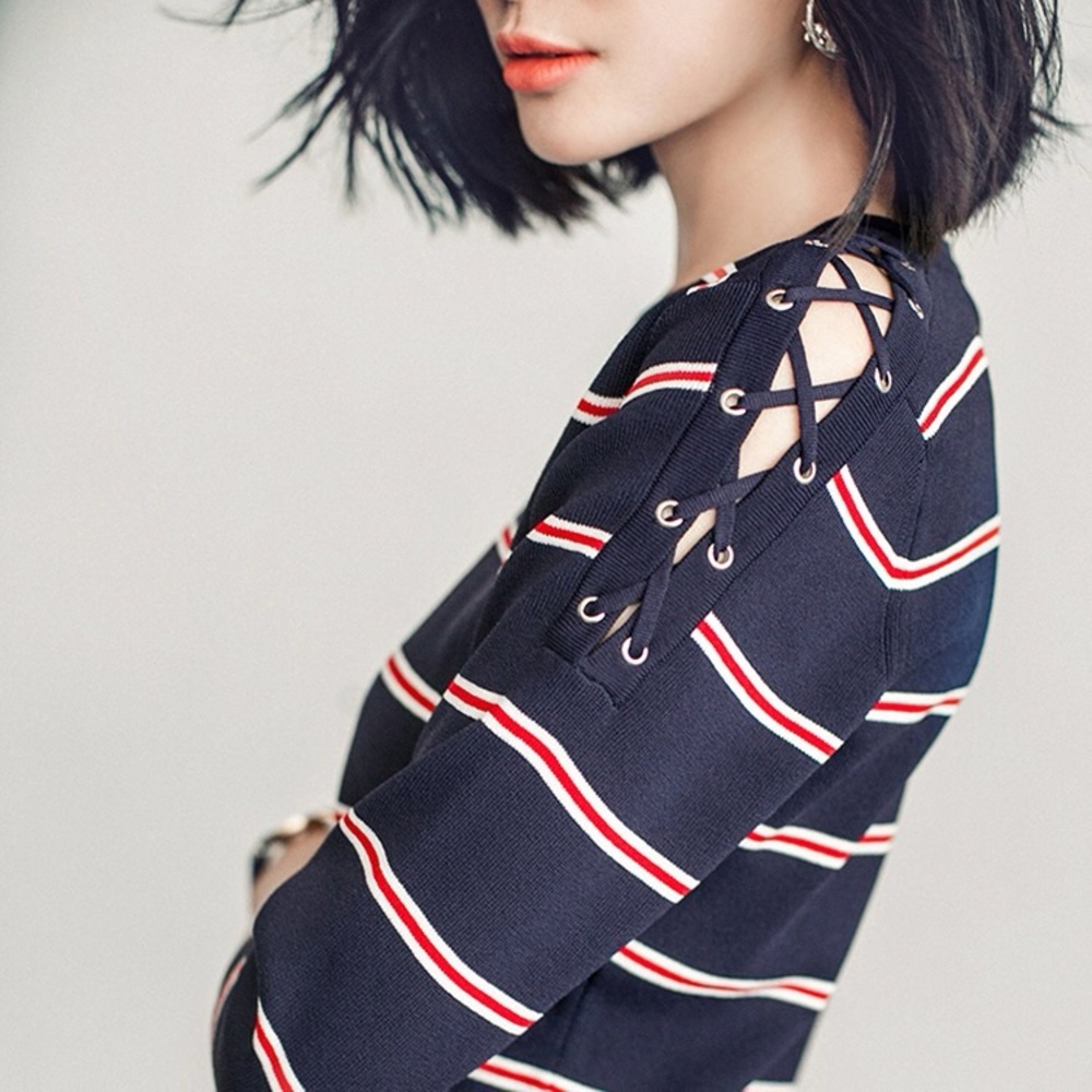 NWOT Navy Striped Lace-Up Sweater dress